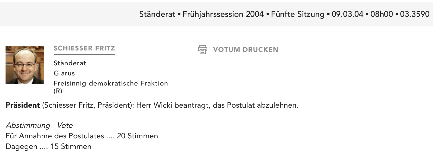 Example of a voting decision reported for a postulate with for/against votes