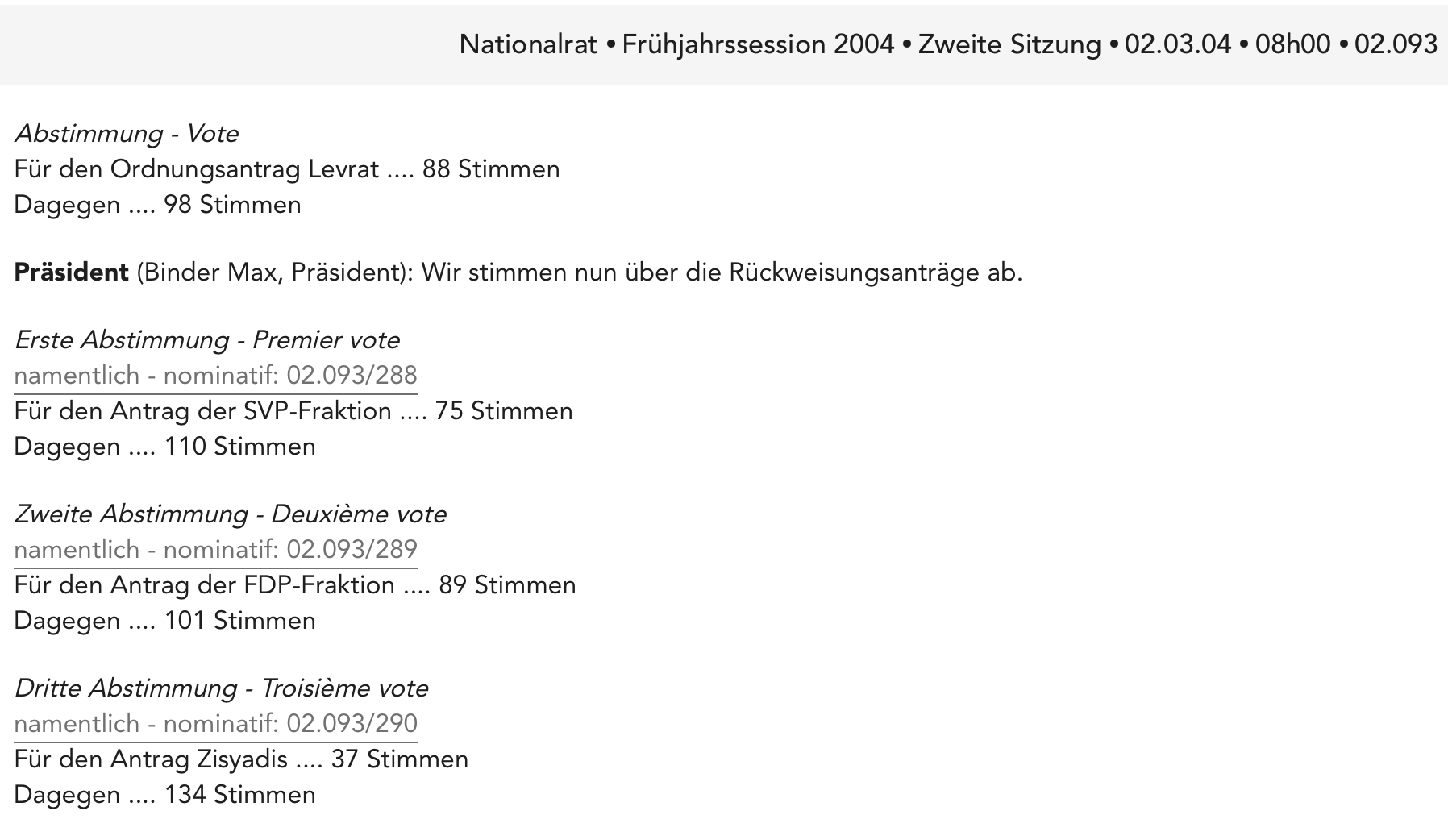 Example of mixed records for propositions: reports of aggregated vote counts vs. roll-call votes (bill 02.093, 2004)