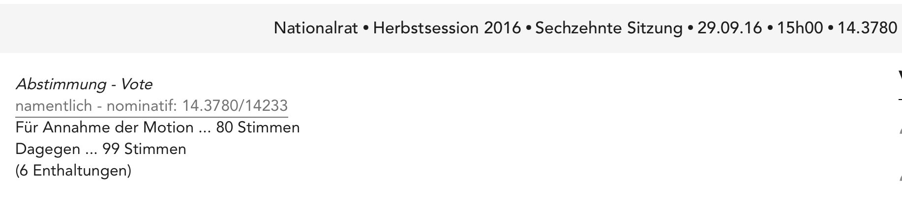 Example of roll-call vote for Motion 14.3780 in 2016 in the National Council