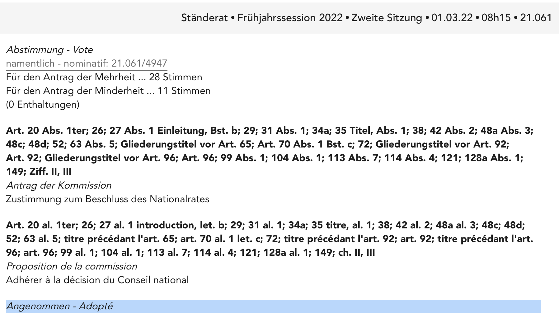 Example of unanimous votes for propositions as well as roll-call voting outcomes in the Council of States, 2022 (bill 21.061)