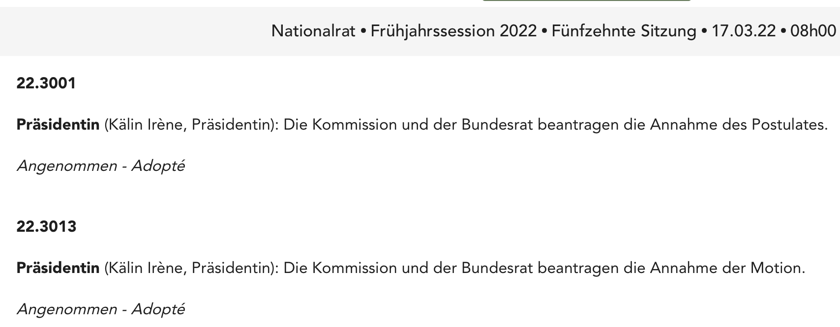 Example of a decision recorded for postulate 22.3001 as part of a debate-cluster surrounding several bills in 2022